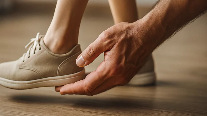 Een hand tilt de voet op van iemand om hem te helpen met lopen, wat laat zien dat BluelLemon24 de zelfredzaamheid stimuleert