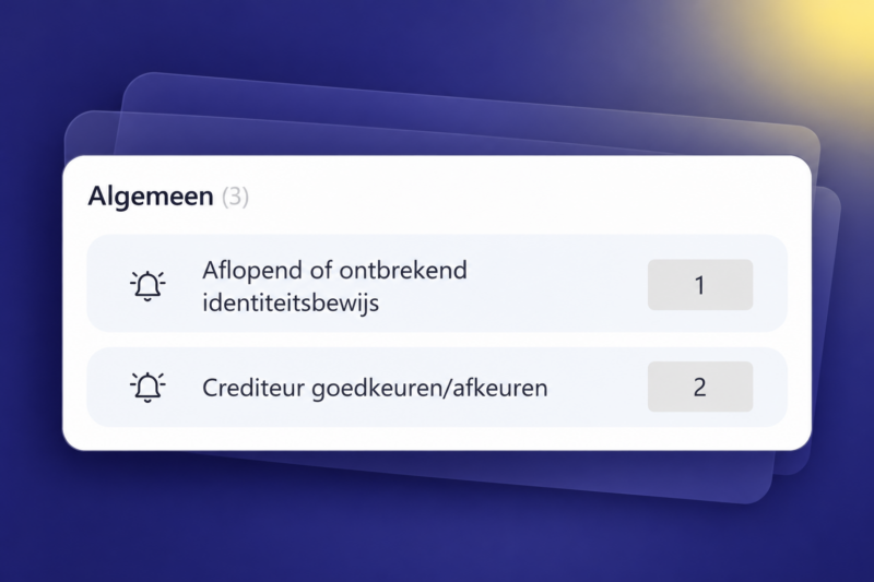 BlueLemon24-overzicht met meldingen over ontbrekende of aflopende identiteitsbewijzen en het goedkeuren of afkeuren van crediteuren.