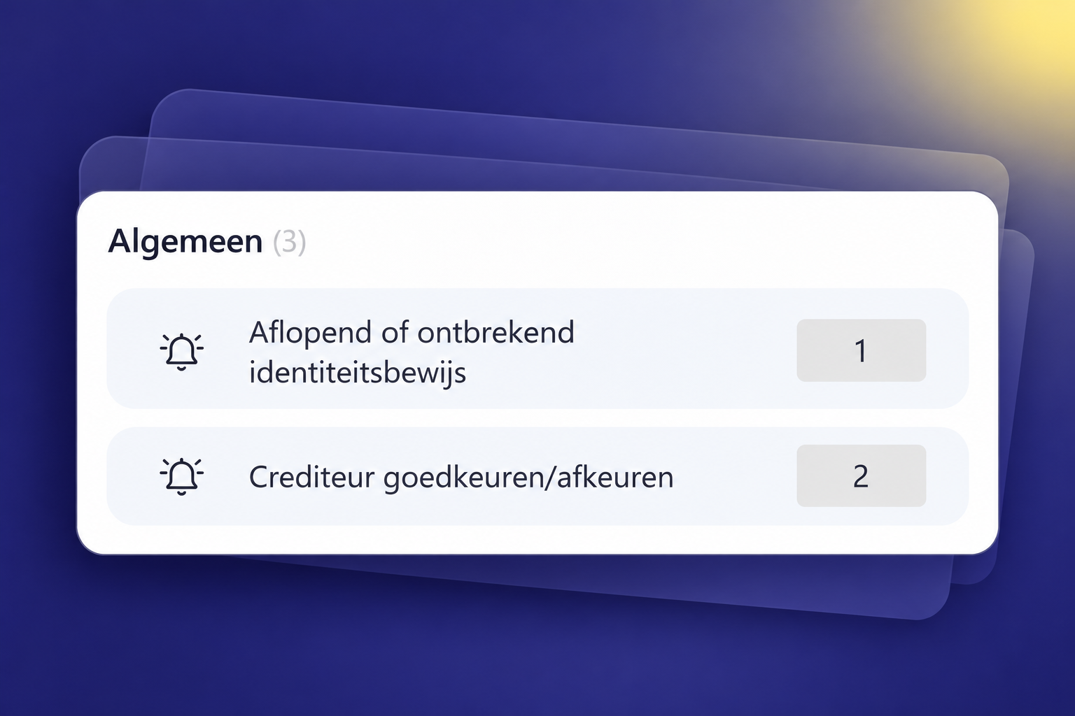 BlueLemon24-overzicht met meldingen over ontbrekende of aflopende identiteitsbewijzen en het goedkeuren of afkeuren van crediteuren.